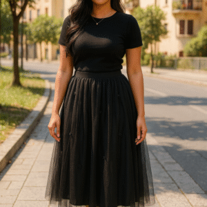 Elegant black embroidered tulle midi skirt with lining