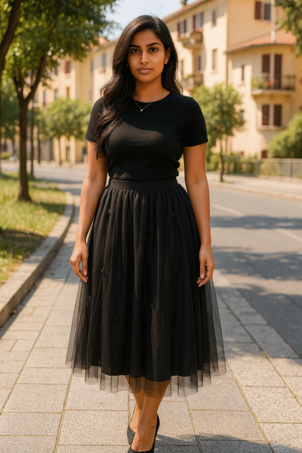 Elegant black embroidered tulle midi skirt with lining