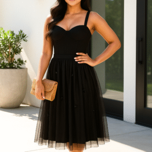 Elegant black embroidered tulle midi skirt with lining