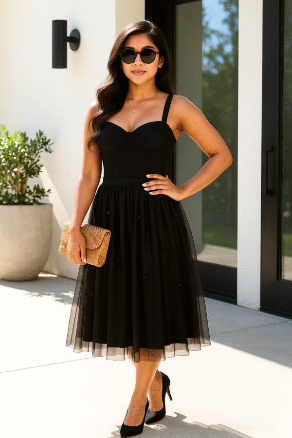 Elegant black embroidered tulle midi skirt with lining