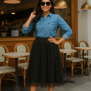 Elegant black embroidered tulle midi skirt with lining