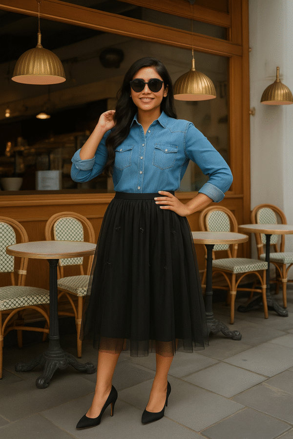Elegant black embroidered tulle midi skirt with lining