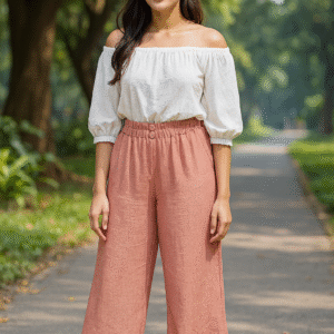 Model wearing dusty rose high-waist wide-leg pants with off-shoulder white top in outdoor setting.
