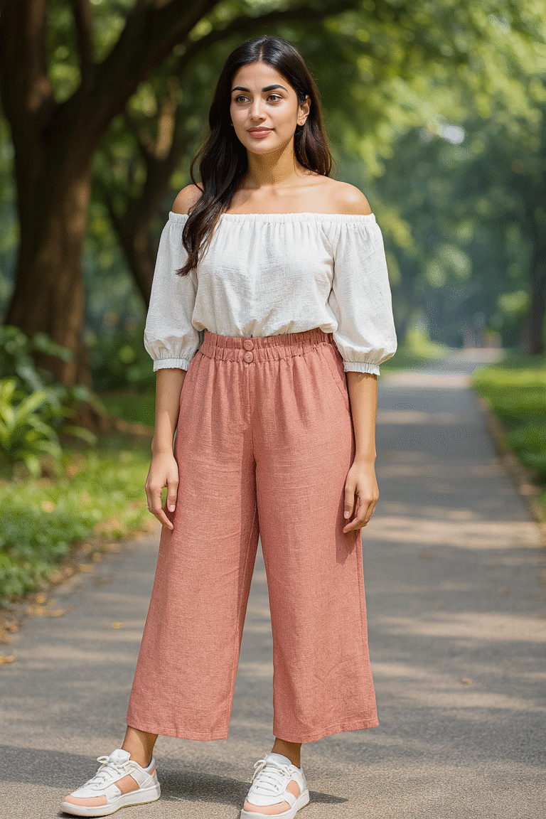 Model wearing dusty rose high-waist wide-leg pants with off-shoulder white top in outdoor setting.
