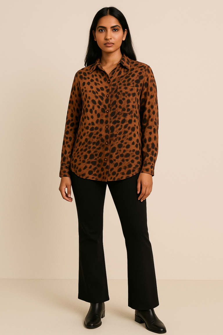 Model wearing elegant amber-brown animal print shirt with full sleeves and black tailored trousers