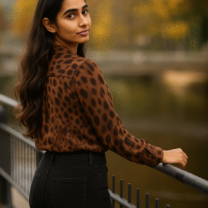 Model wearing elegant amber-brown animal print shirt with full sleeves and black tailored trousers