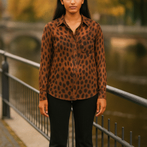 Model wearing elegant amber-brown animal print shirt with full sleeves and black tailored trousers