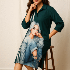 Emerald green straight dress with bold graphic print and striped detailing
