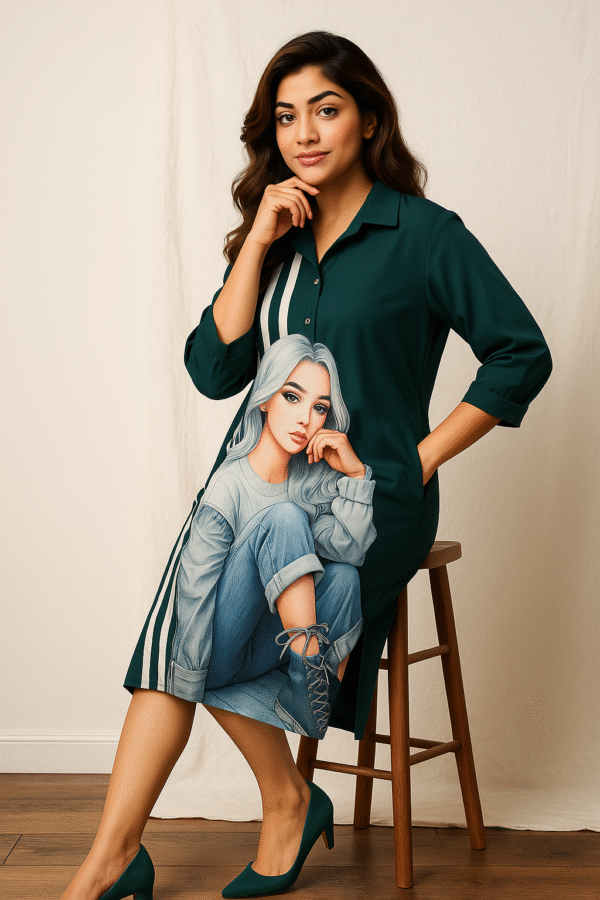 Emerald green straight dress with bold graphic print and striped detailing