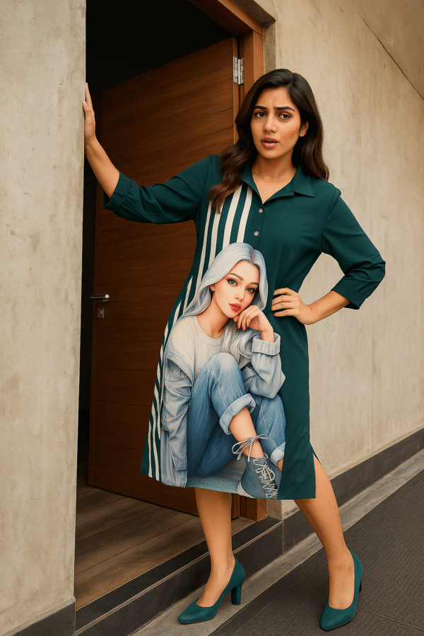 Emerald green straight dress with bold graphic print and striped detailing