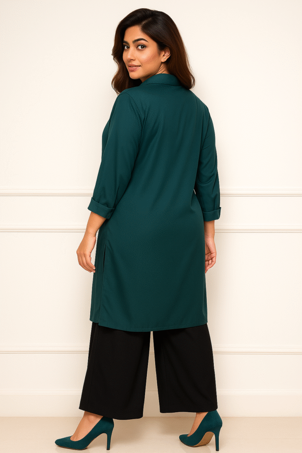 Emerald green straight dress with bold graphic print and striped detailing