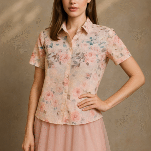 Model wearing pastel floral embroidered short-sleeve shirt