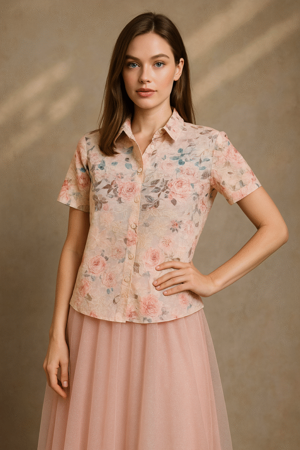 Model wearing pastel floral embroidered short-sleeve shirt