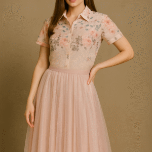 Model wearing pastel floral embroidered short-sleeve shirt