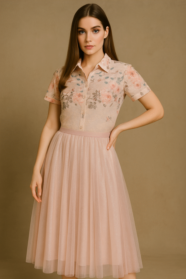 Model wearing pastel floral embroidered short-sleeve shirt