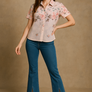 Model wearing pastel floral embroidered short-sleeve shirt