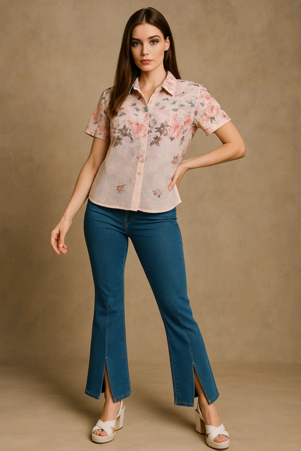Model wearing pastel floral embroidered short-sleeve shirt