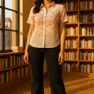 Model wearing pastel floral embroidered short-sleeve shirt