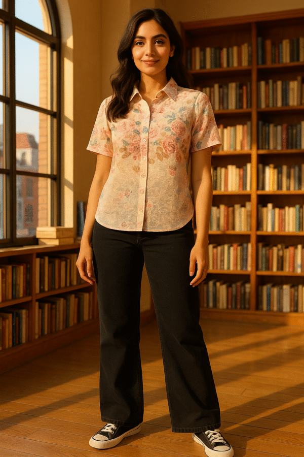 Model wearing pastel floral embroidered short-sleeve shirt