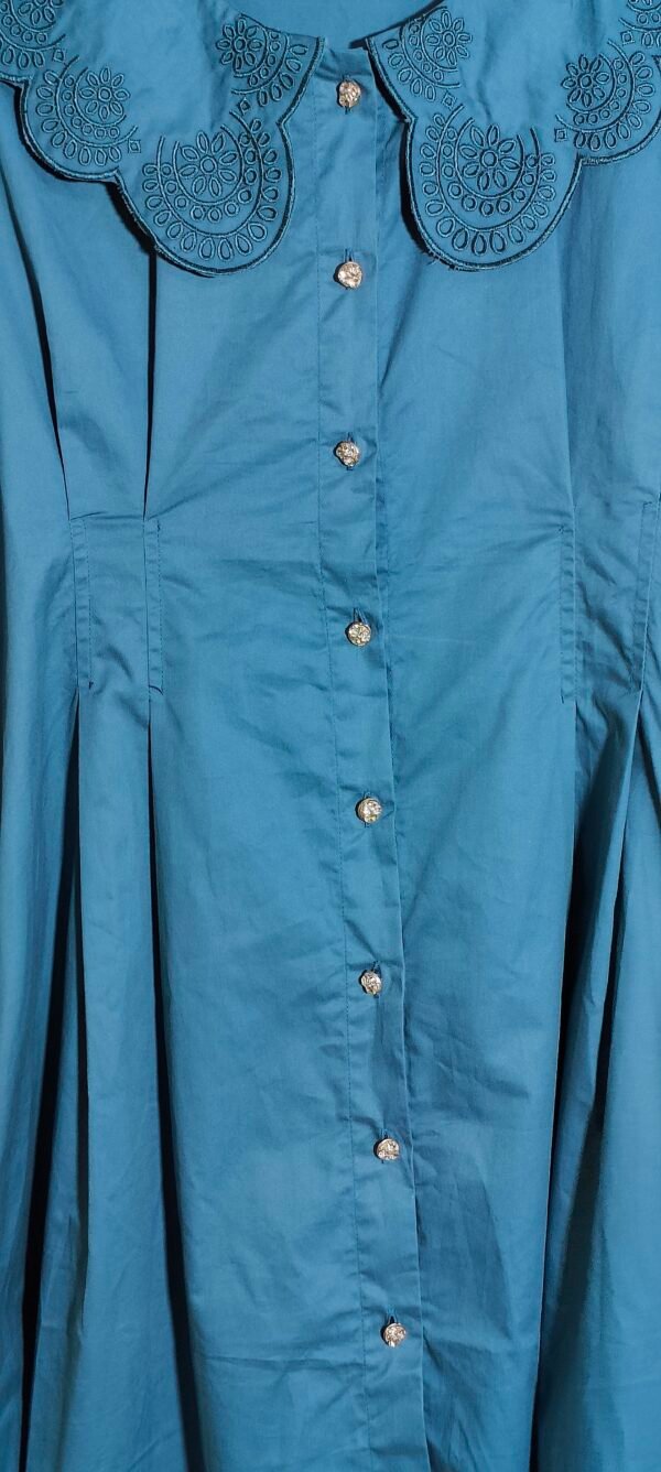 Teal Flared Dress with Embroidered Collar