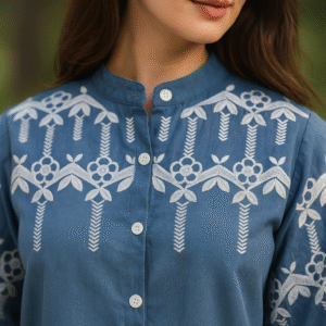 Stylish mandarin collar embroidered blue shirt for women with relaxed fit