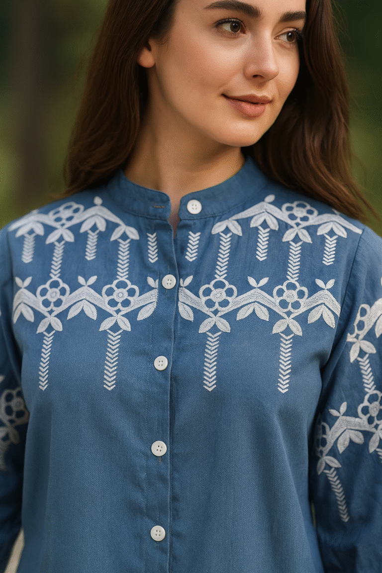 Stylish mandarin collar embroidered blue shirt for women with relaxed fit