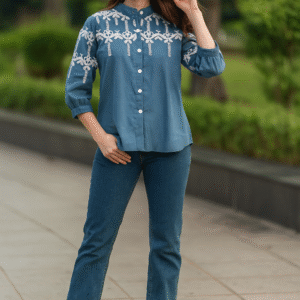 Stylish mandarin collar embroidered blue shirt for women with relaxed fit