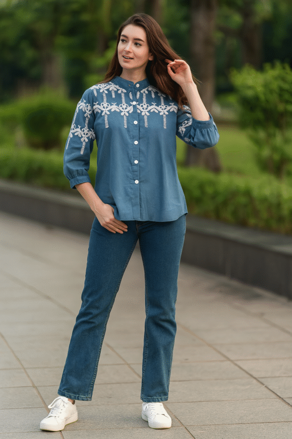 Stylish mandarin collar embroidered blue shirt for women with relaxed fit