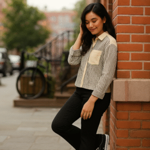 Classic black-and-cream striped women's shirt