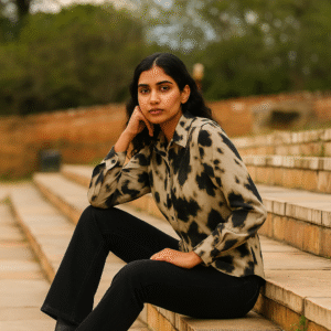 Woman wearing abstract marble print shirt with black jeans