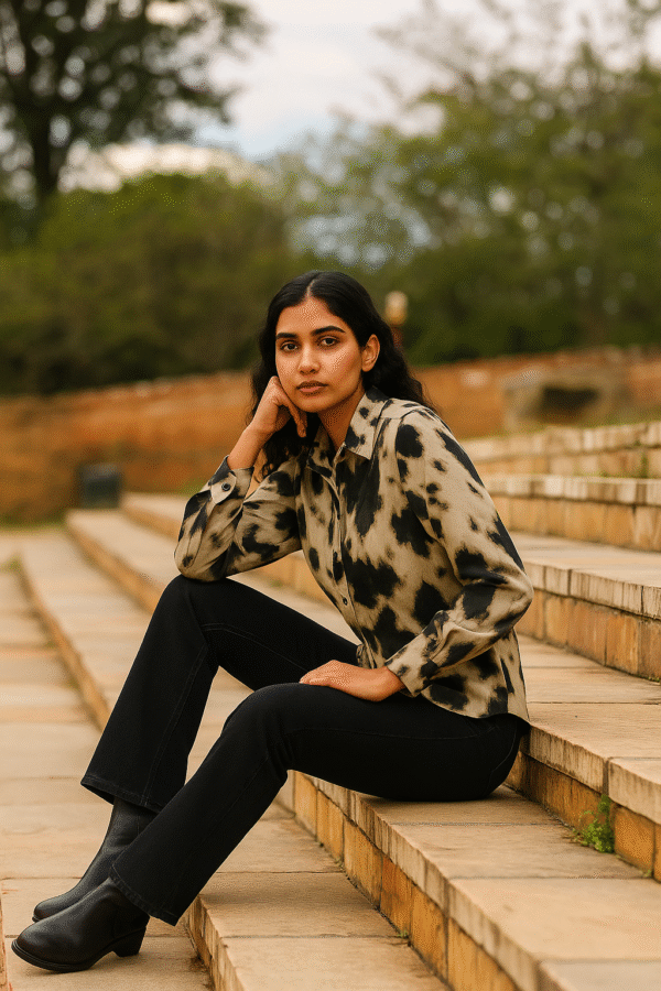 Woman wearing abstract marble print shirt with black jeans
