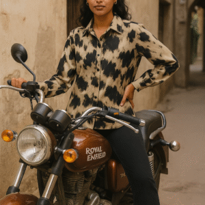Woman wearing abstract marble print shirt with black jeans