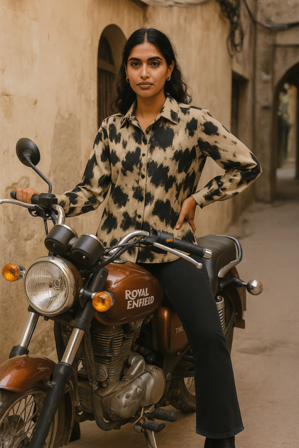 Woman wearing abstract marble print shirt with black jeans