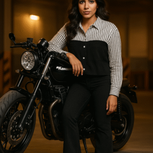Striped and solid black combo shirt styled with black pants and sneakers for bold casual look