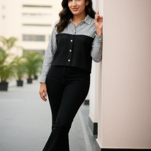 Striped and solid black combo shirt styled with black pants and sneakers for bold casual look