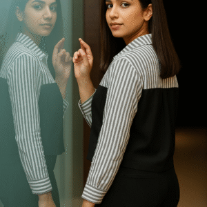 Striped and solid black combo shirt styled with black pants and sneakers for bold casual look