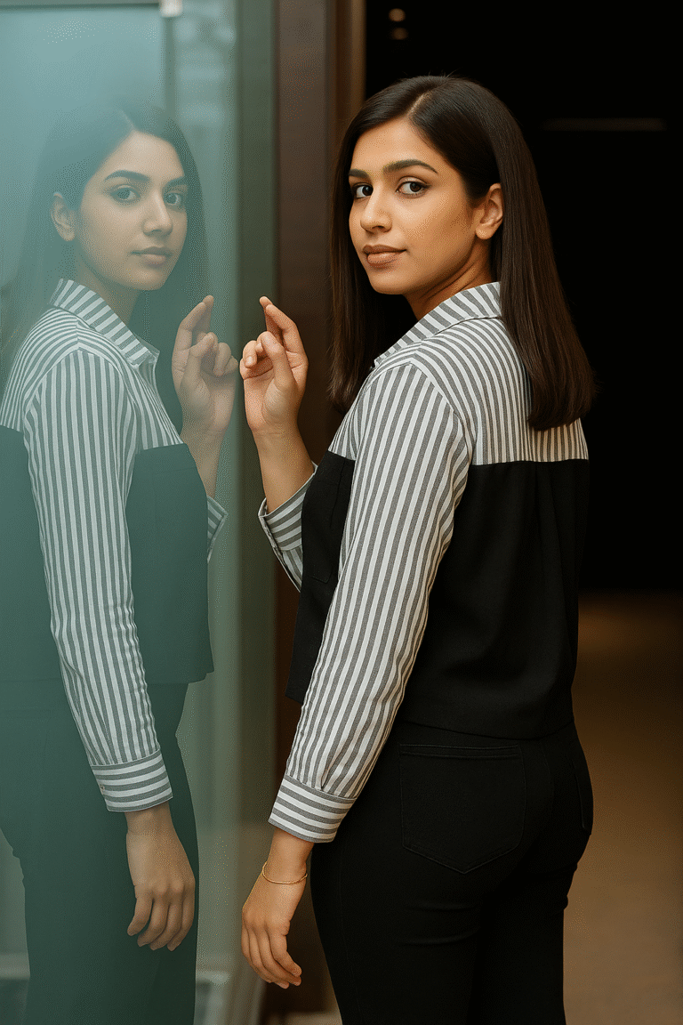 Striped and solid black combo shirt styled with black pants and sneakers for bold casual look