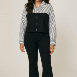 Striped and solid black combo shirt styled with black pants and sneakers for bold casual look