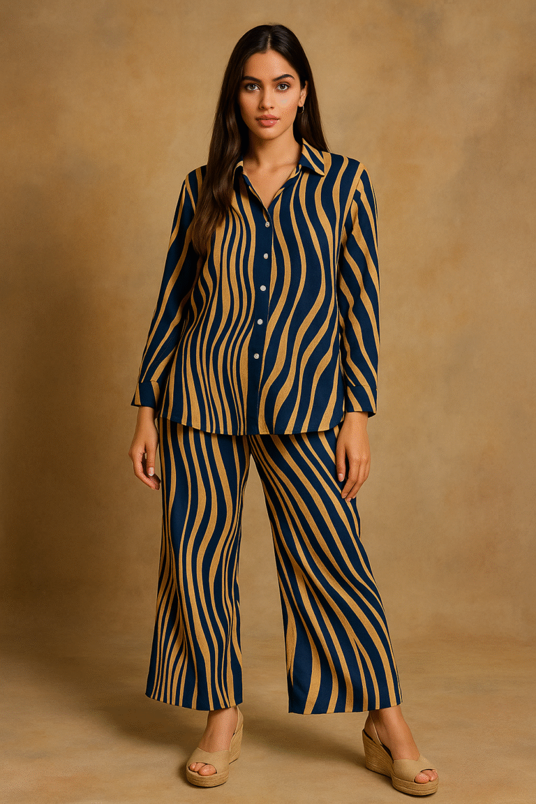 Women’s co-ord set navy mustard Striped co-ord dress for women Wide-leg trouser co-ord outfit Elegant co-ord sets online India Designer women’s co-ord set Wave print co-ord dress Two-piece women’s outfit striped Stylish office wear co-ord set