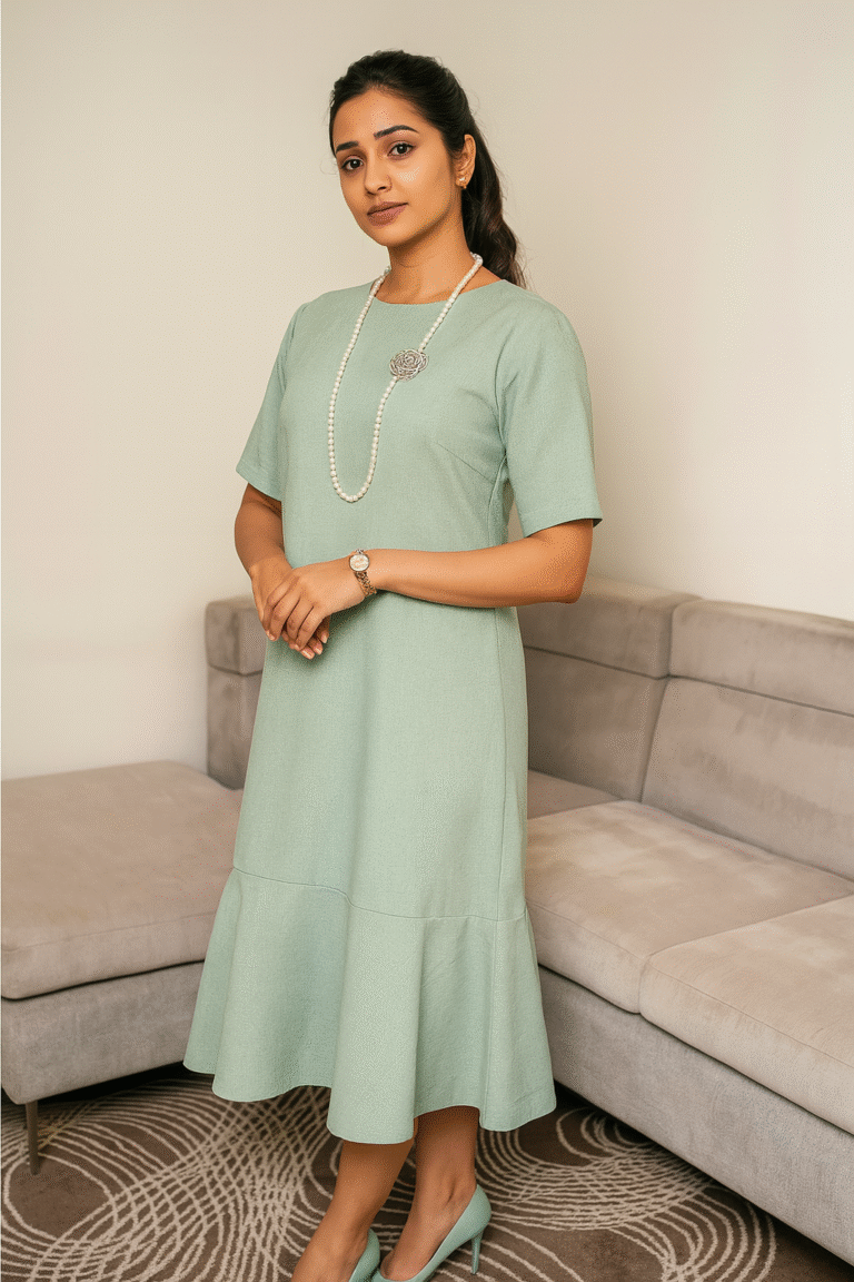 Woman wearing mint-green midi dress with flowy bottom and pearl necklace
