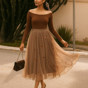 Mocha bow embellished tulle midi skirt for women
