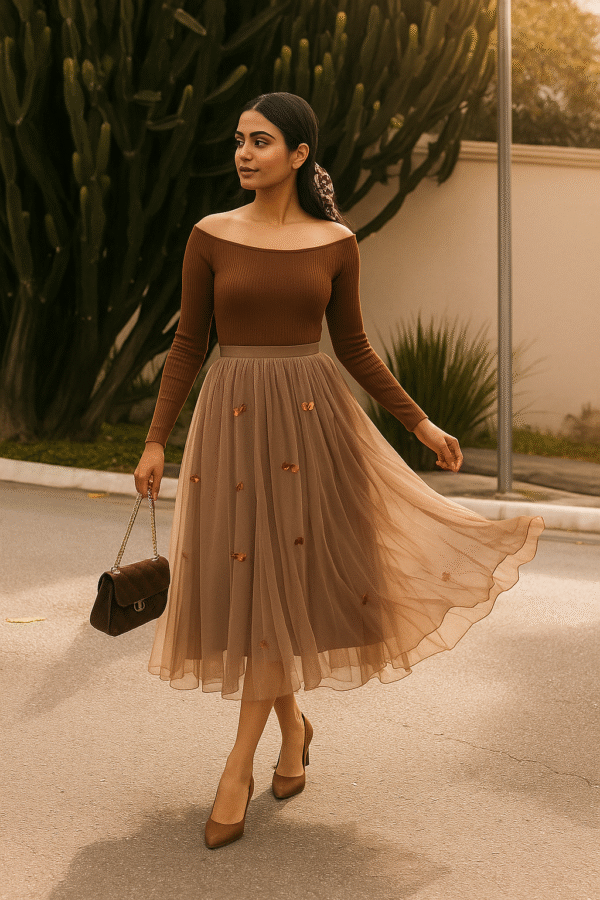 Mocha bow embellished tulle midi skirt for women