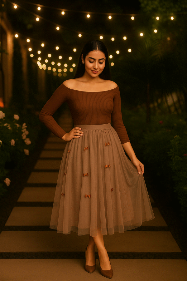 Mocha bow embellished tulle midi skirt for women