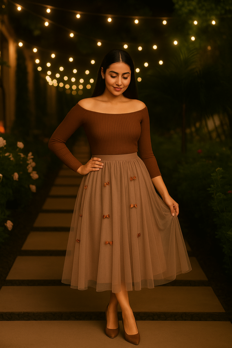 Mocha bow embellished tulle midi skirt for women