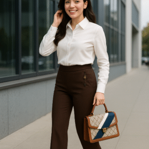 Elegant workwear outfit featuring brown pants