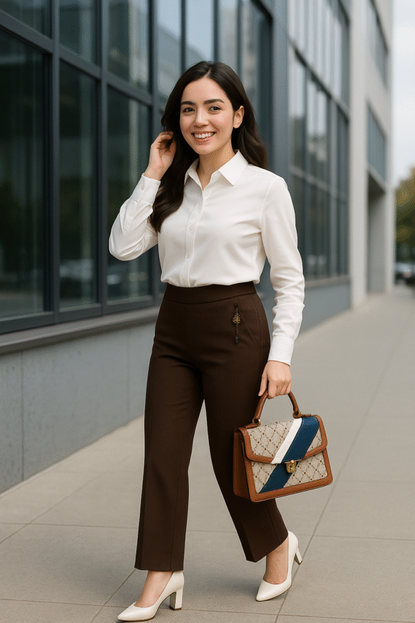Elegant workwear outfit featuring brown pants