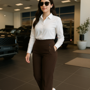 Elegant workwear outfit featuring brown pants