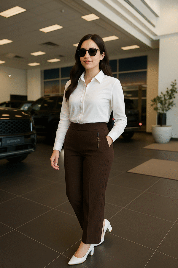 Elegant workwear outfit featuring brown pants