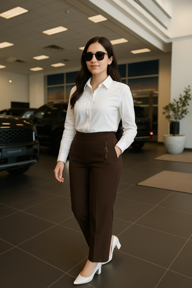 Elegant workwear outfit featuring brown pants
