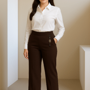 Elegant workwear outfit featuring brown pants
